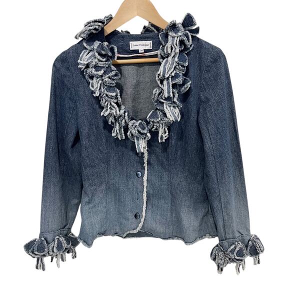Anne Fontaine Denim Jacket Ruffle Fringe Applique Ombre 38/US 4 Vintage - Picture 9 of 9